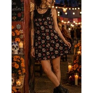Hot Topic Day Of The Dead Dress S Skull Candy Mini Flowers Lace Keyhole Neck Sle